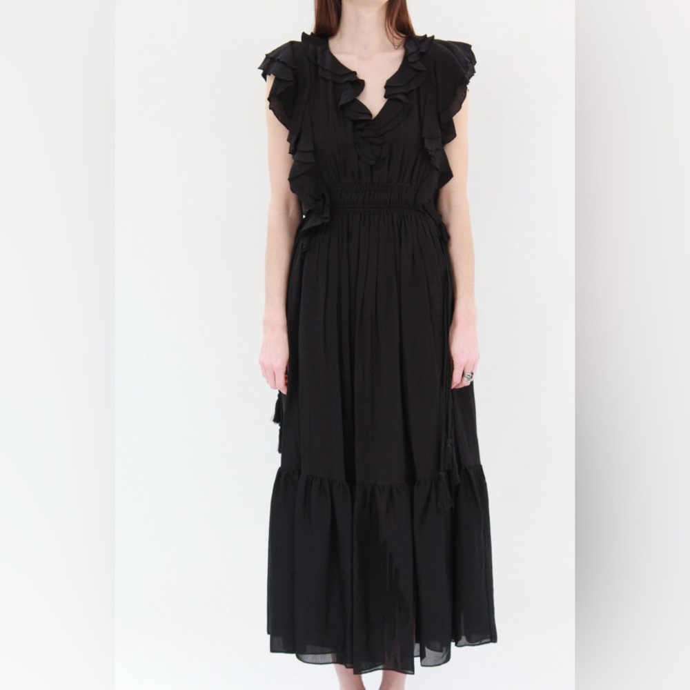 Apiece Apart Rafaela Ruffle Black 100% Cotton Maxi Dress Size 4